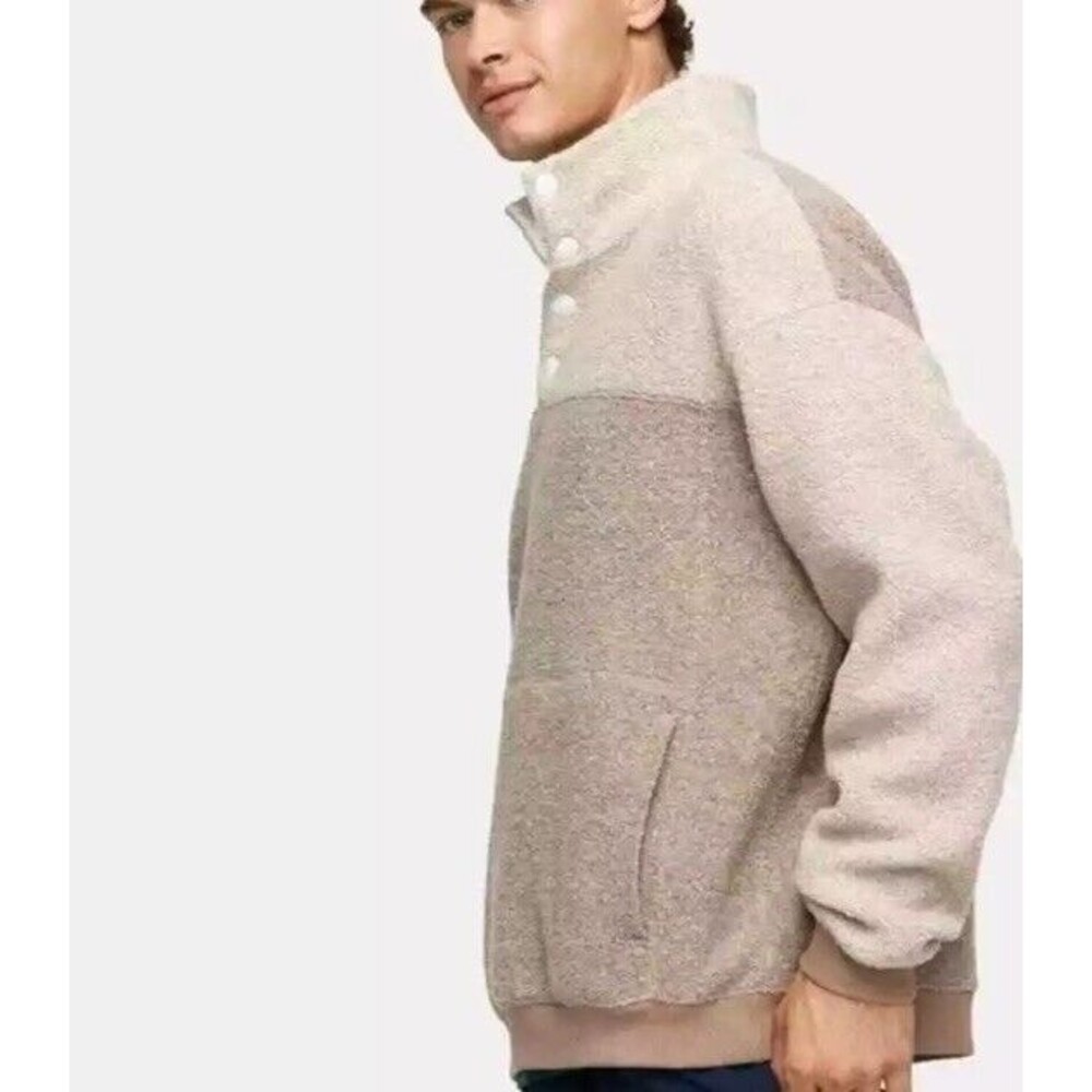 Outdoor Voices Men's MegaFleece Snap Up Oversized Pullover BE5 Brown XS Wool